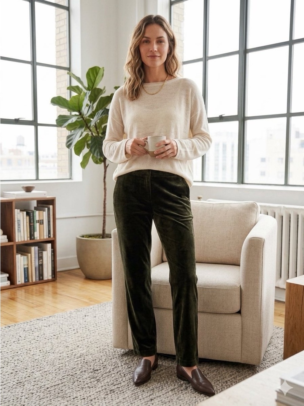 Eileen Fisher Dark Olive Velvet Straight-Leg Trousers - Size XS